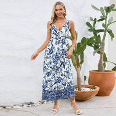 Fashion Floral Print V-neck Dress Summer Sexy Slim Fit-Blue-4