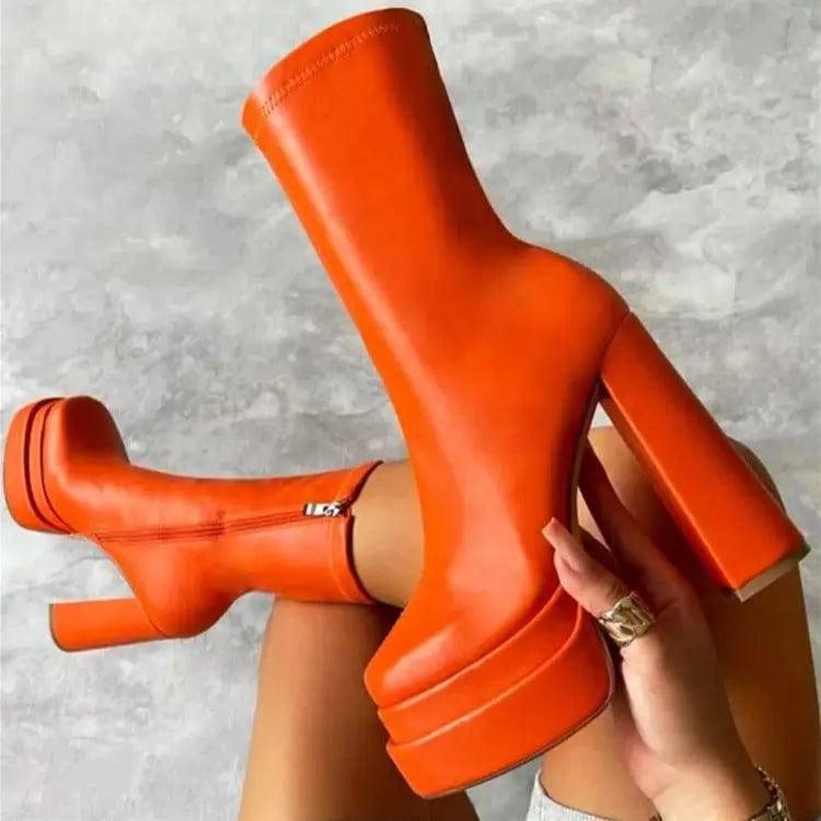 Fashion Heeled Boots With Thick Platform Mid Calf Boots-Orange-1