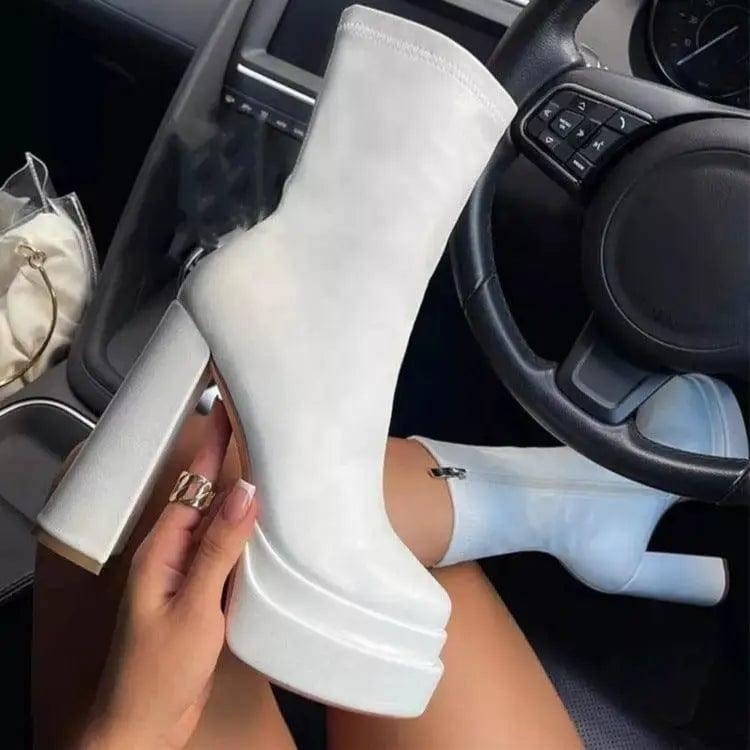 Fashion Heeled Boots With Thick Platform Mid Calf Boots-White-5