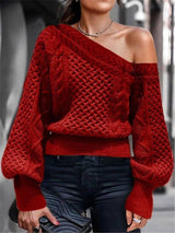 Fashion Hot Style Women's Diagonal Sweater-Red-1