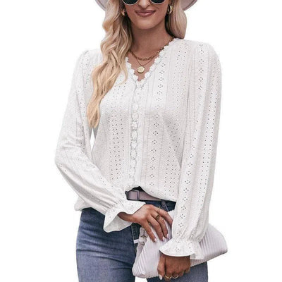 Fashion Lace V-neck Long Sleeve Top-4