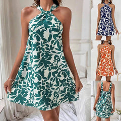 Fashion Leaf Print Halterneck Dress Summer Sexy Backless-1