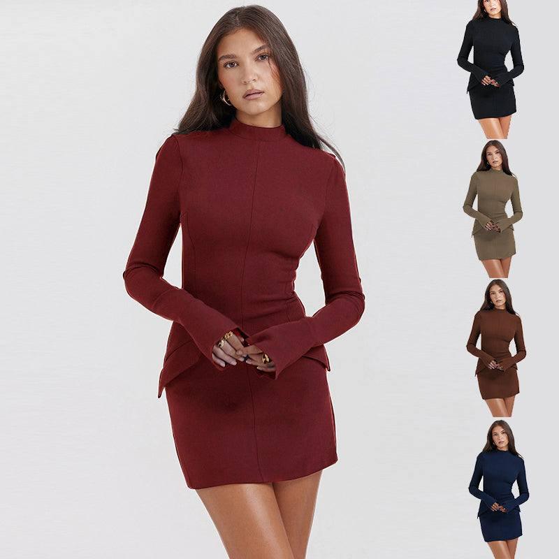Fashion Long Sleeve Dress With Two Pockets Slim Bodycon Hip-1