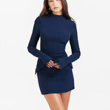 Fashion Long Sleeve Dress With Two Pockets Slim Bodycon Hip-Blue-2