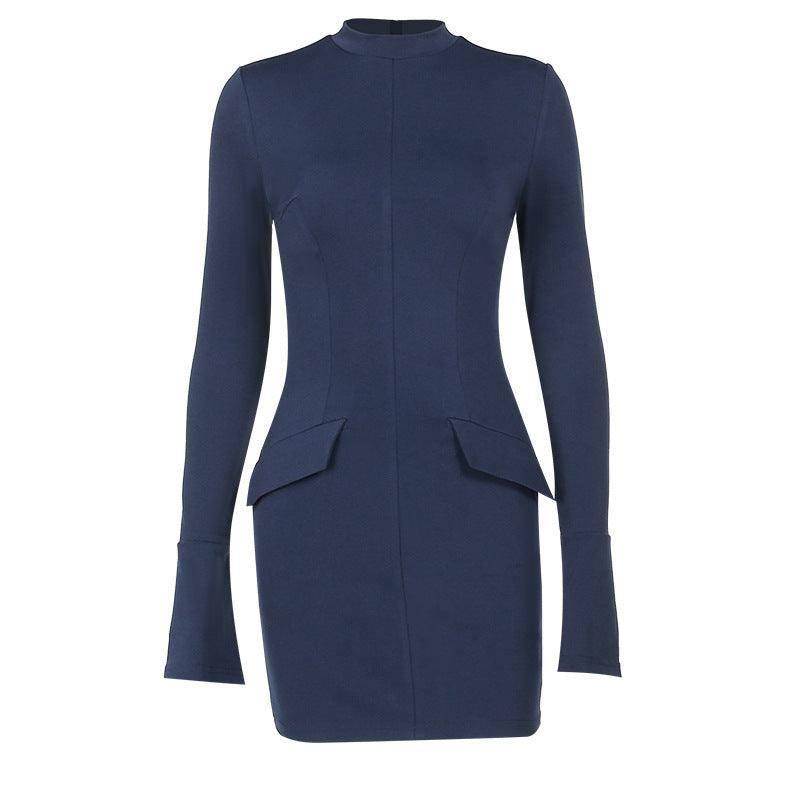 Fashion Long Sleeve Dress With Two Pockets Slim Bodycon Hip-8