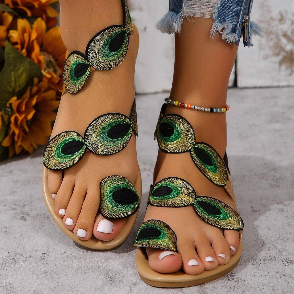 Fashion Peacock Embroidery Pattern Flat Sandals Summer-1