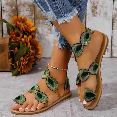 Fashion Peacock Embroidery Pattern Flat Sandals Summer-3