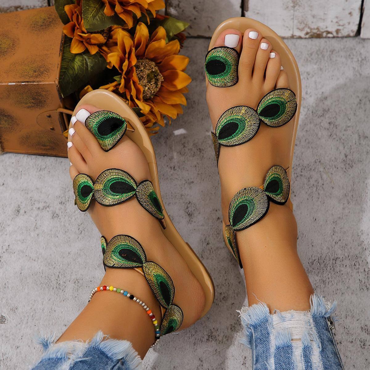 Fashion Peacock Embroidery Pattern Flat Sandals Summer-Peacock Green-5