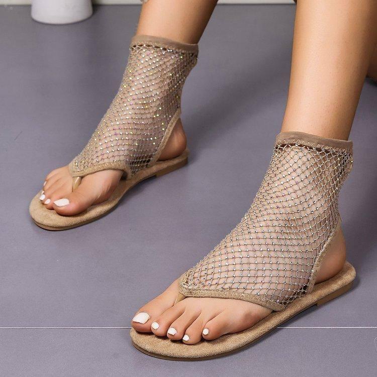 Fashion Rhinestone Mesh Thongs Sandals Summer Flat Shoes-Beige-4