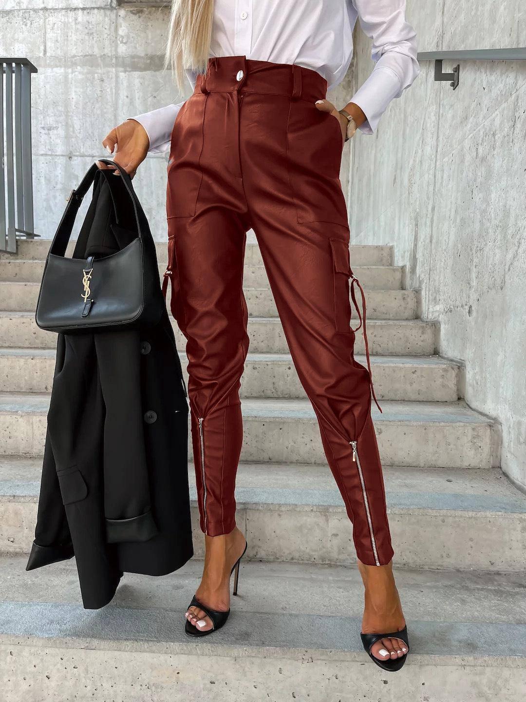 Fashion Slim-fitting Leather Trousers Women Waist-cinching-Red Brown-2