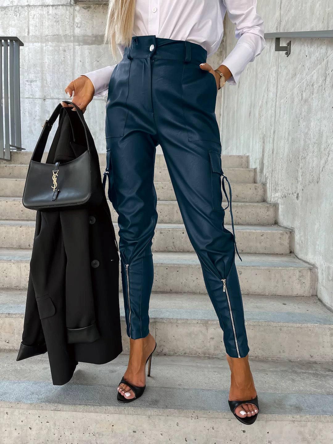 Fashion Slim-fitting Leather Trousers Women Waist-cinching-Blue-4