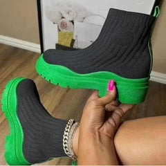 Fashion Sock Boots Platform Chunky Heels Shoes Women-Green-1