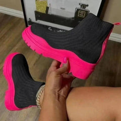 Fashion Sock Boots Platform Chunky Heels Shoes Women-Rose-2