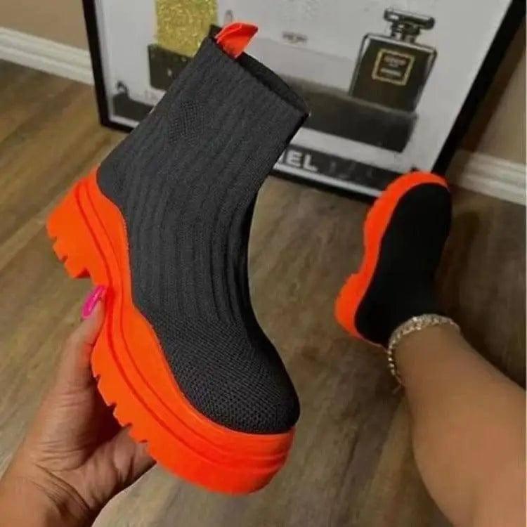 Fashion Sock Boots Platform Chunky Heels Shoes Women-Orange-3