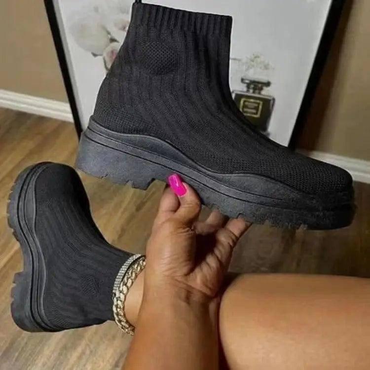 Fashion Sock Boots Platform Chunky Heels Shoes Women-Black-5
