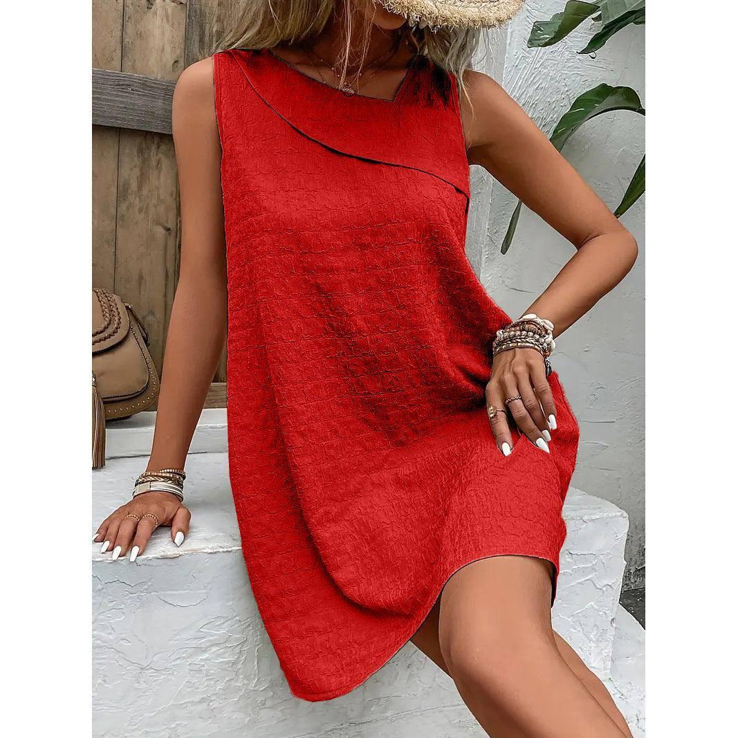 Fashion Solid Color Sleeveless Dress Summer Slim-Red-6
