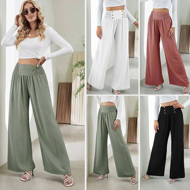 Fashion Straight Wide Leg Pants Elastic High Waist Casual Trousers For Women-1