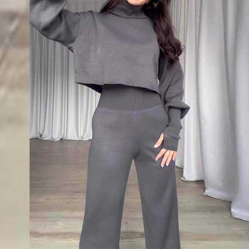 Fashion Suit Gray Turtleneck Long-sleeved Top And-Gray-4