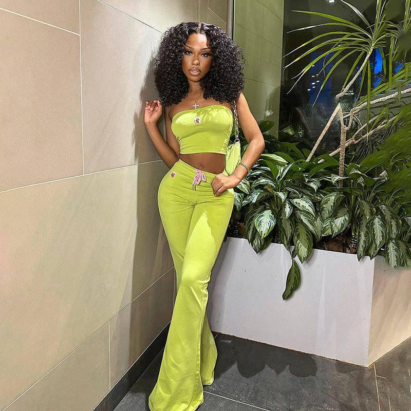 Fashion Summer Suit Embroidery Tube Top And High Waist-Grass Green-9