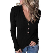 Women's V-Neck Buttoned Long Sleeve Top-Black-4