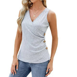 Fashion Vest With Button Design New Sleeveless V-neck T-shirt Solid Color Tank Tops Summer Women's Clothing-Light Grey-3