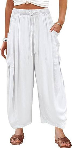 Fashion Wide Leg Pants Summer Loose Elastic High Waist-White-10