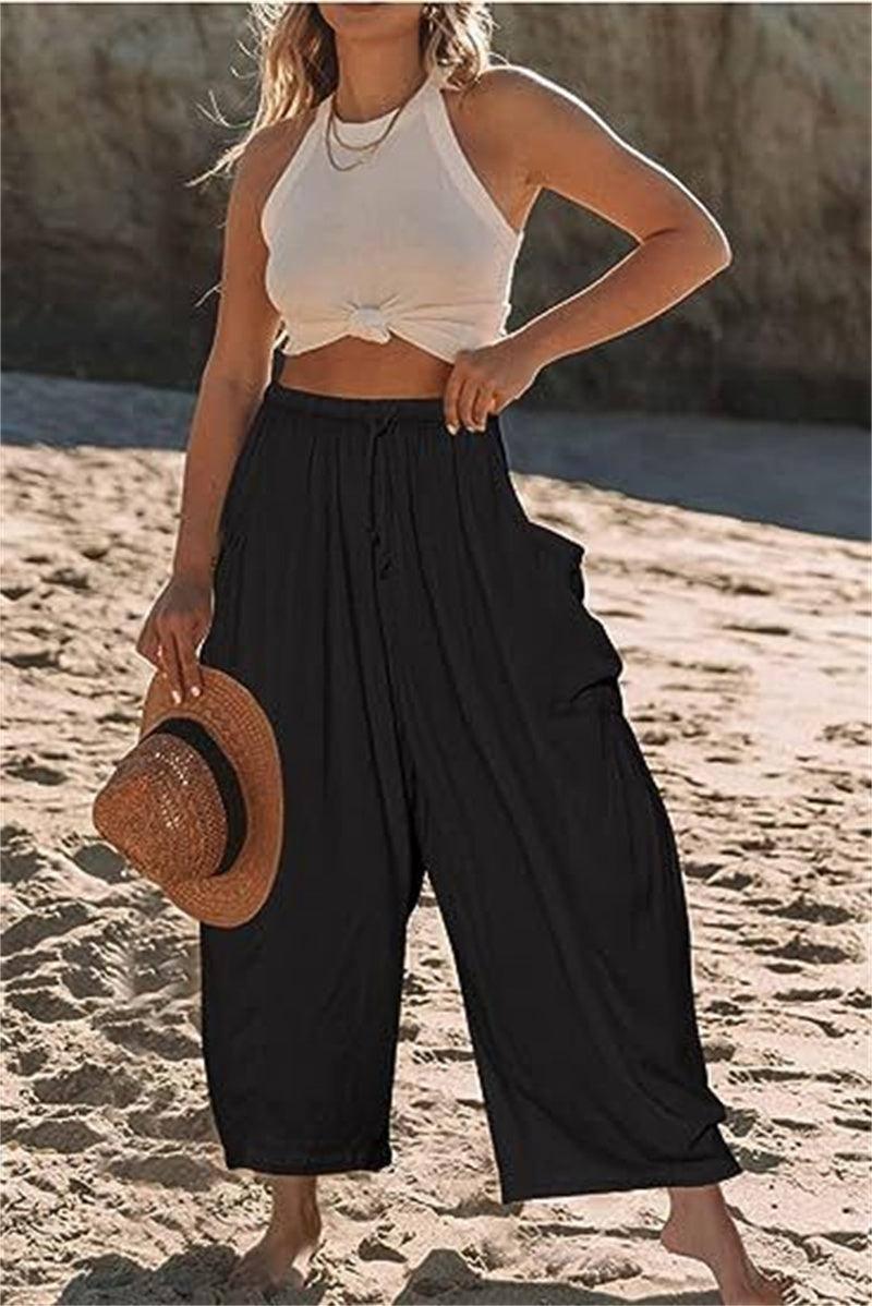 Fashion Wide Leg Pants Summer Loose Elastic High Waist Yellow / 3XL-Black-5