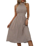 Fashion Women Dress High Waist Plaid Dress-5