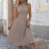 Fashion Women Dress High Waist Plaid Dress-Khaki-6
