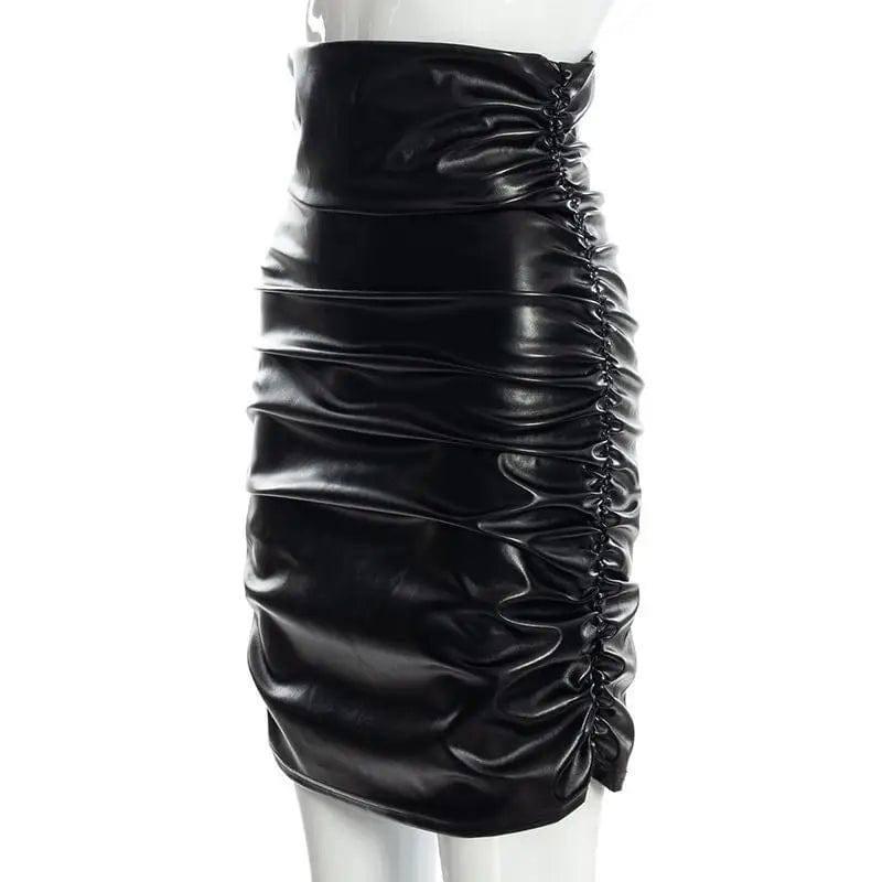 Fashion Women's Wear Pleated Solid Color PU Sheath Skirt-10
