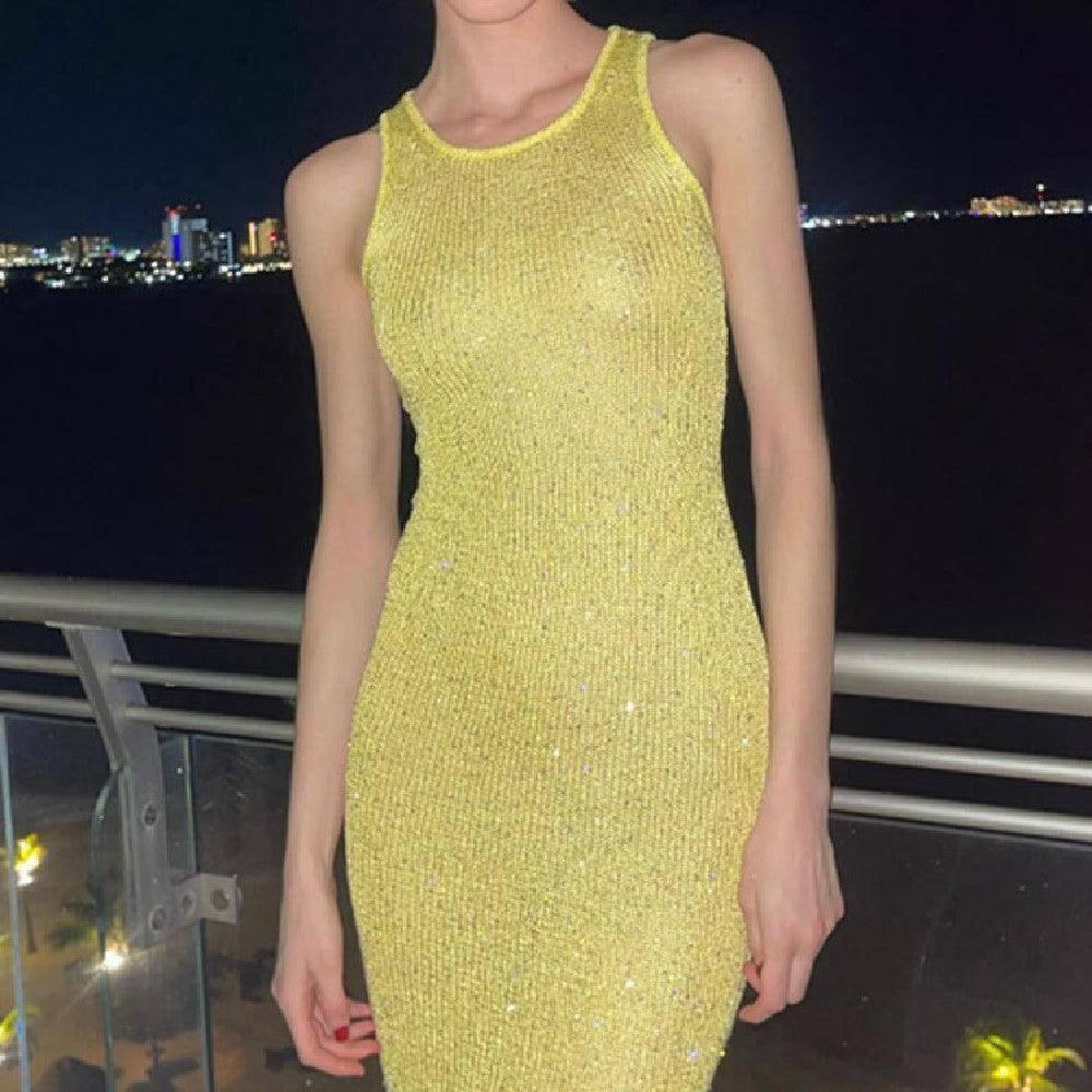 Fashionable Sleeveless Sequin Knitted Dress-Yellow-5
