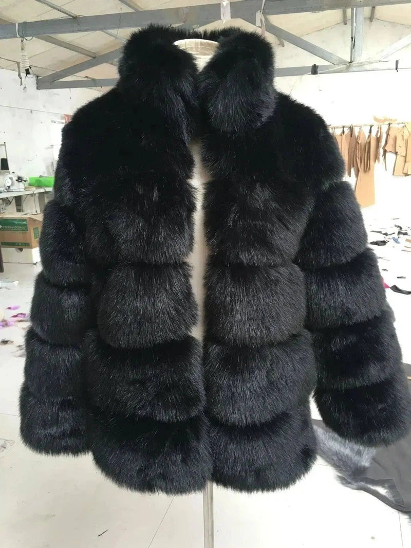 Faux fox fur coat-Black-3