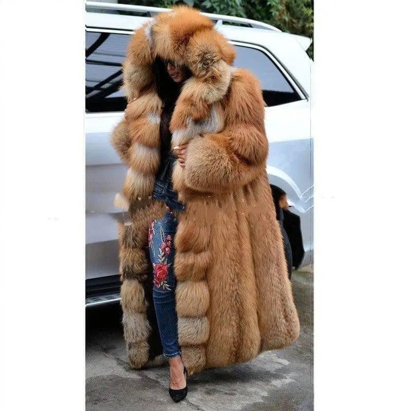 Faux Fur Coat Women Long Hooded Fur Coat-Brown-5