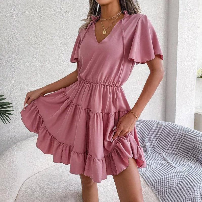 Female Flounced Skirt Ribbon Big Hem A- Line Skirt Solid-Pink-7