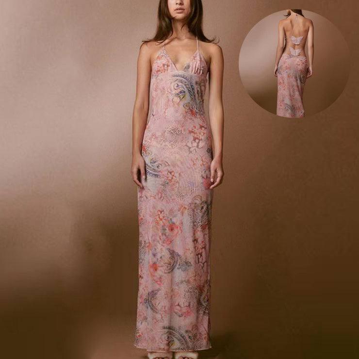 Floral Print Halter Spaghetti Straps Dress Sexy Slim-1