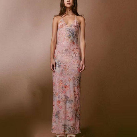 Floral Print Halter Spaghetti Straps Dress Sexy Slim-Pink Print-11