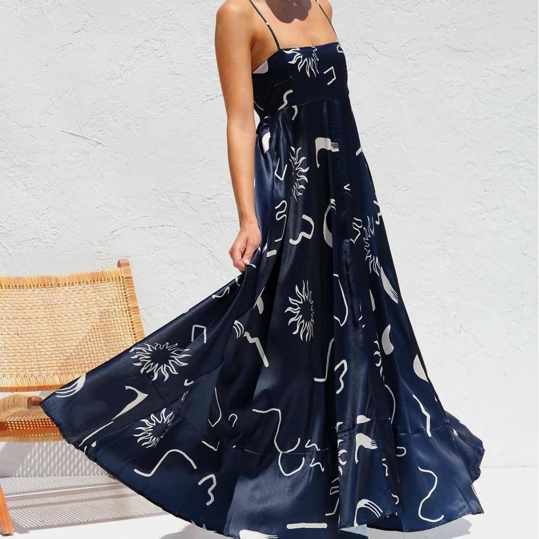 Floral Print Suspender Dress Summer Slim Fit Long Dresses-2