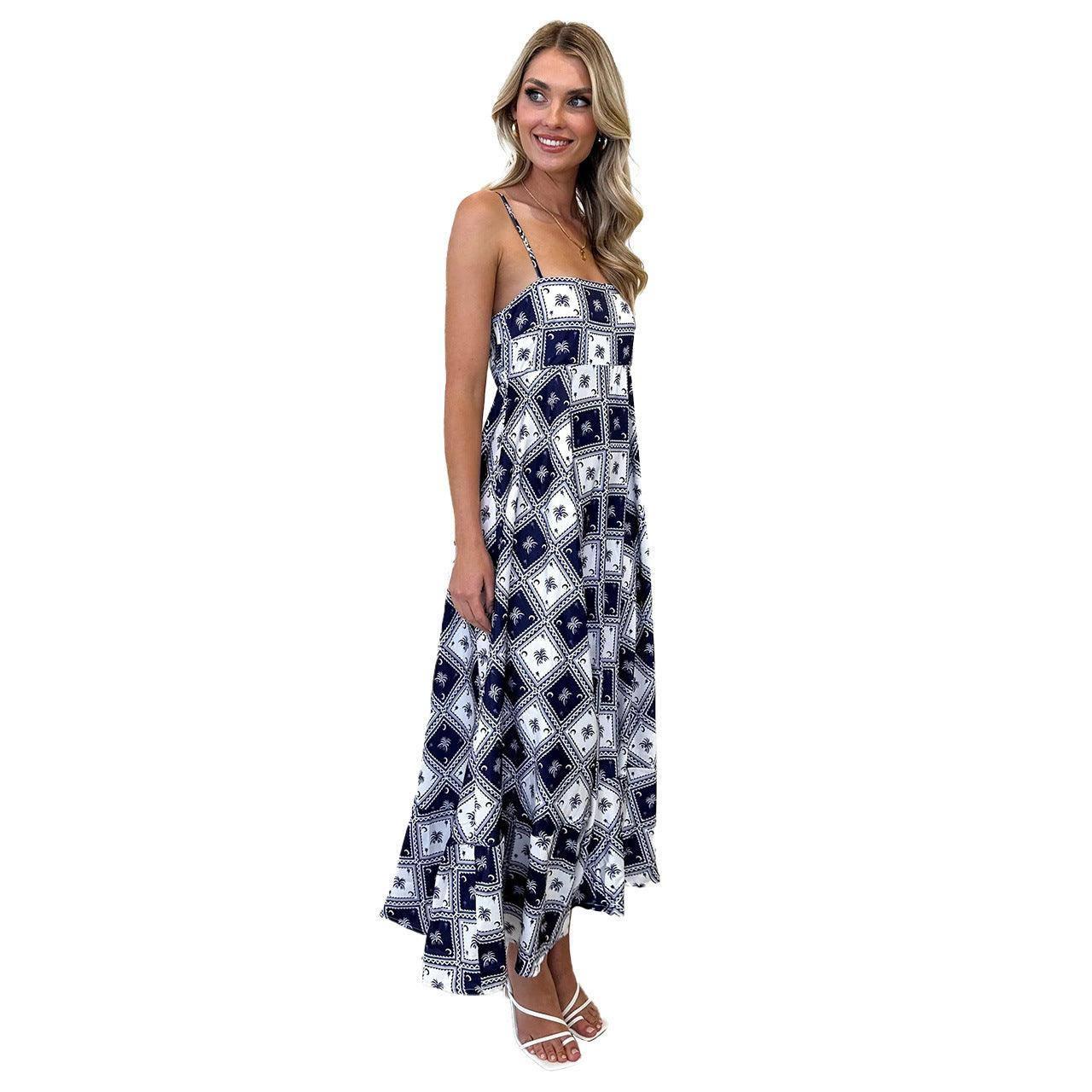 Floral Print Suspender Dress Summer Slim Fit Long Dresses-5