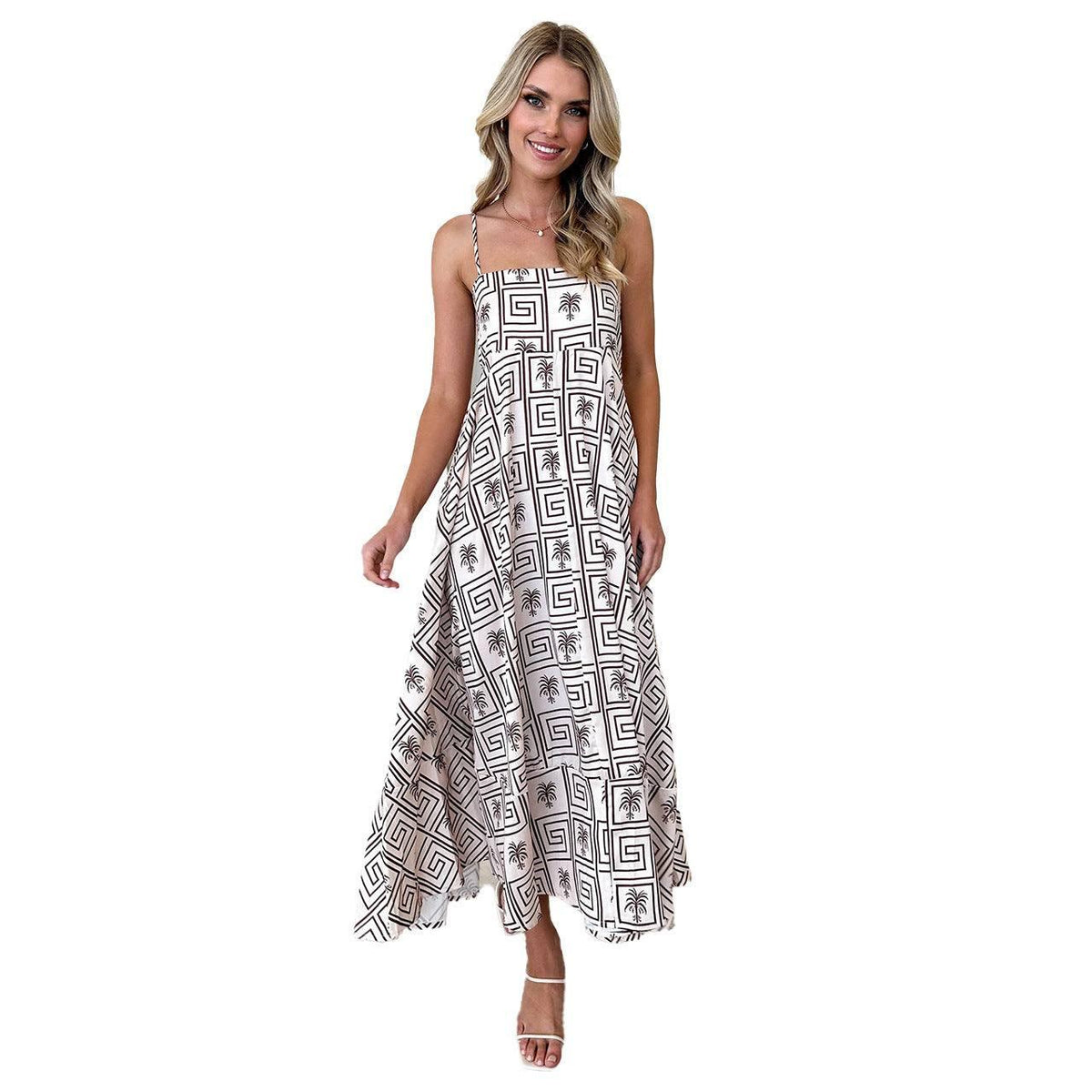 Floral Print Suspender Dress Summer Slim Fit Long Dresses-Apricot-6
