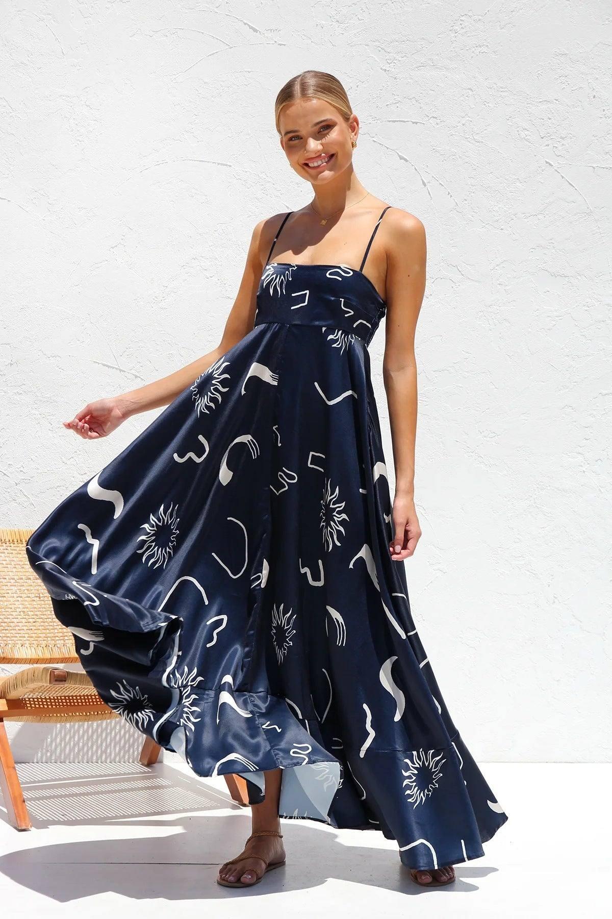 Floral Print Suspender Dress Summer Slim Fit Long Dresses-Navy Blue-7