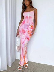 Floral Spaghetti Strap Maxi Dress - Sexy Backless Evening-Pink-1