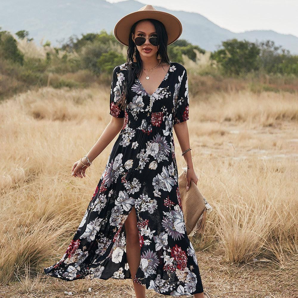 Floral Summer Beach Dress With V Neck Elastic Waist Dresses-Black-1