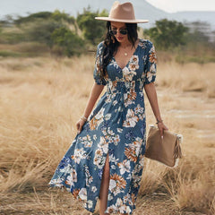 Floral Summer Beach Dress With V Neck Elastic Waist Dresses-Blue-2
