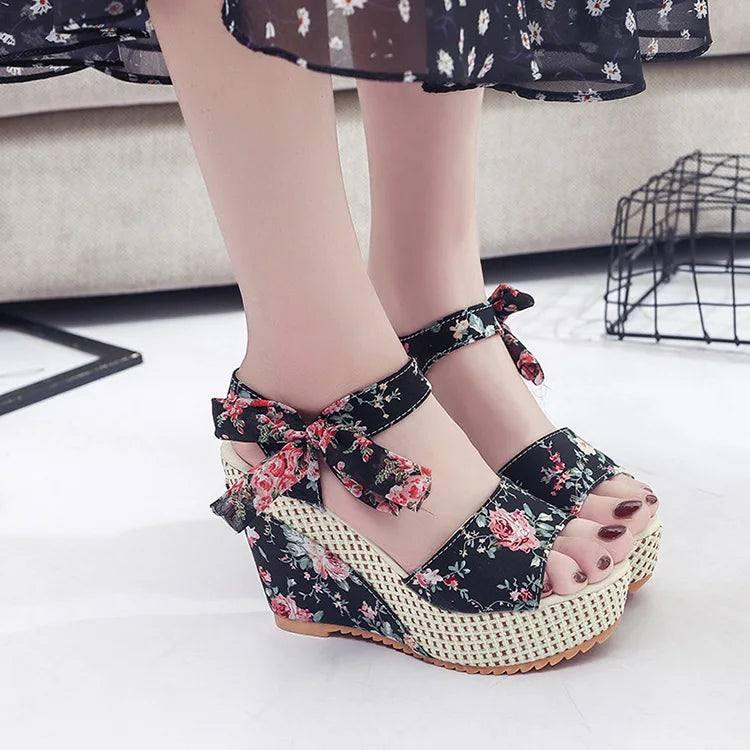 Floral Wedge Sandals: Stylish Summer Footwear-Black-5