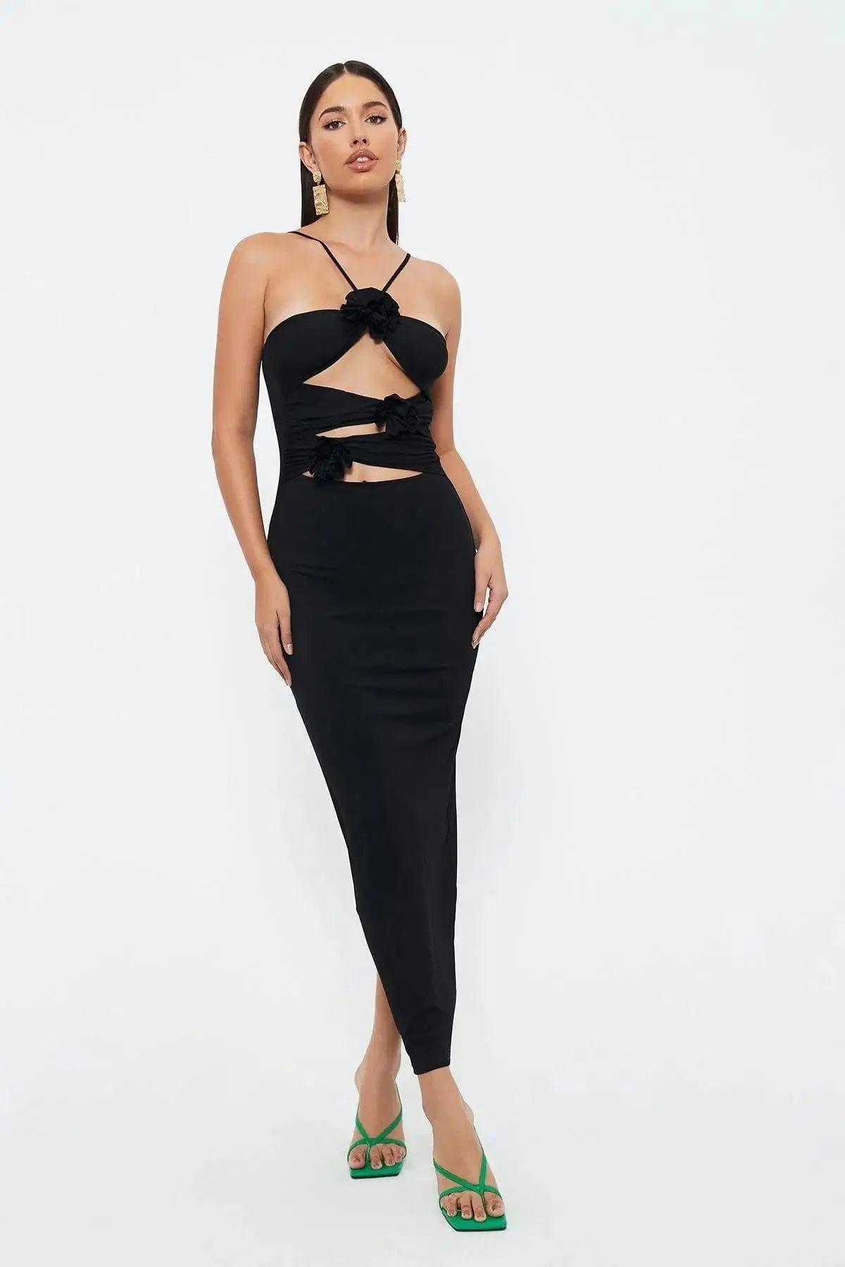 Flower Hollow Slim -fitting Neck Mid -length Suspender Dress-Black-2
