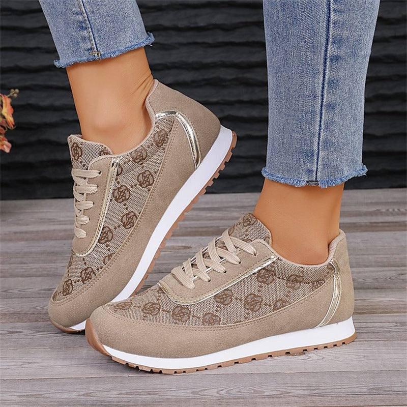 Flower Print Lace-up Sneakers Casual Fashion Lightweight-Camel-1