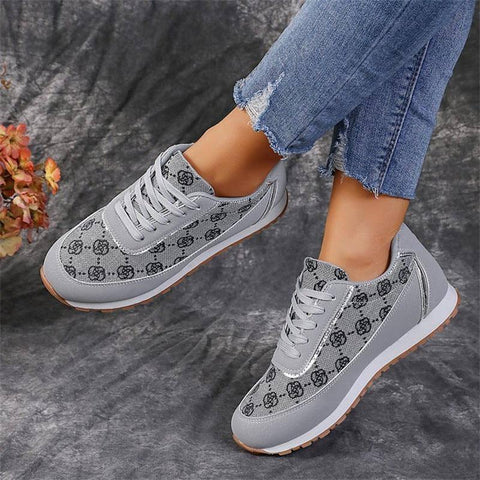 Flower Print Lace-up Sneakers Casual Fashion Lightweight-Grey-7