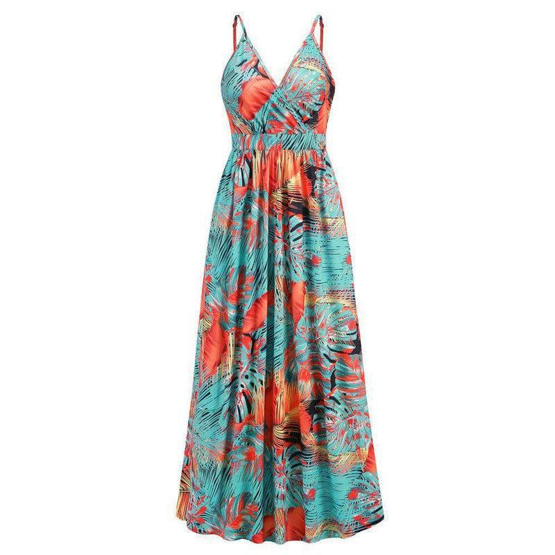 Flowers Long Dress Summer Swing Holiday Beach Dress-Orange-10