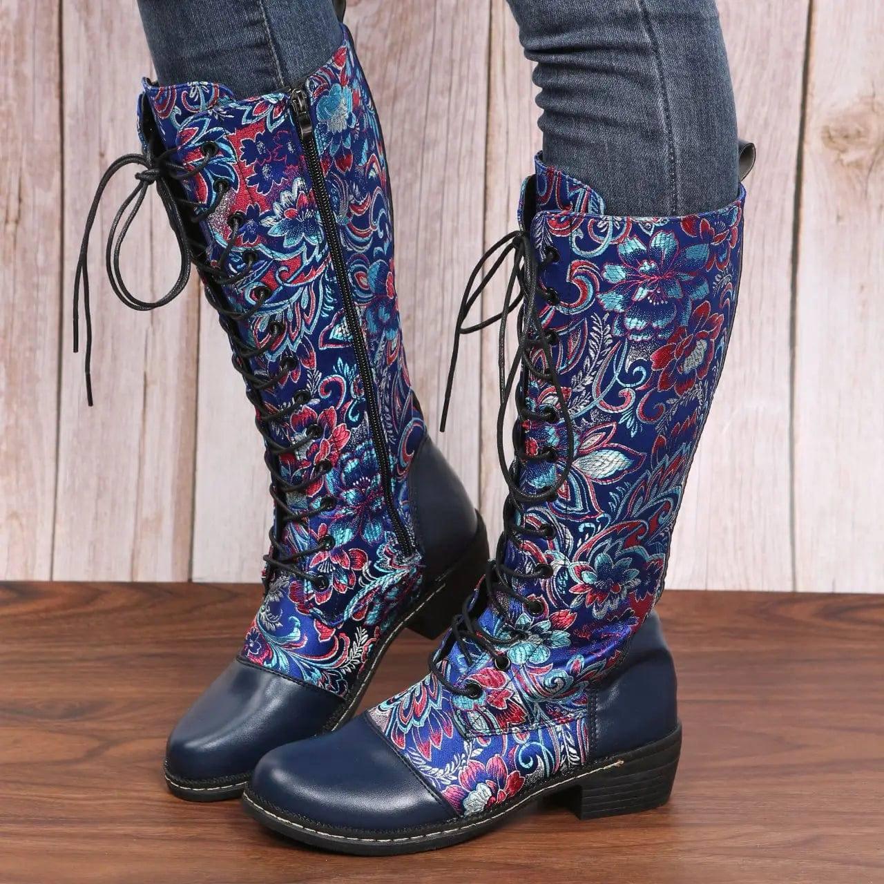 Flowers Print Long Boots WInter Retro Ethnic Style Shoes-1