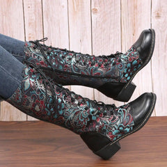 Flowers Print Long Boots WInter Retro Ethnic Style Shoes-3